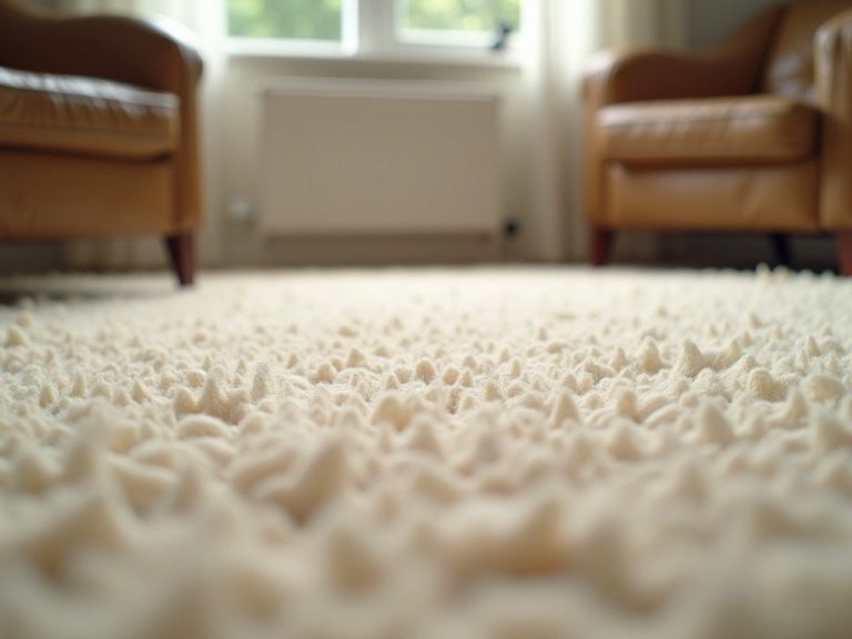 Soft wool carpet Close-up of a textured cream carpet with two brown armchairs in the background.