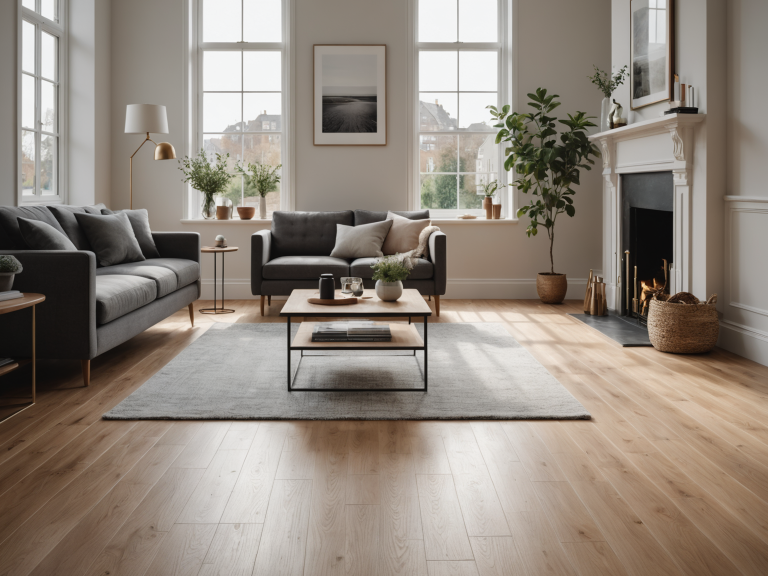 Straight lay LVTs in this lounge Modern living room with grey sofas, a coffee table, and a fireplace, bathed in natural light. With stunning LVT straight lay flooring.